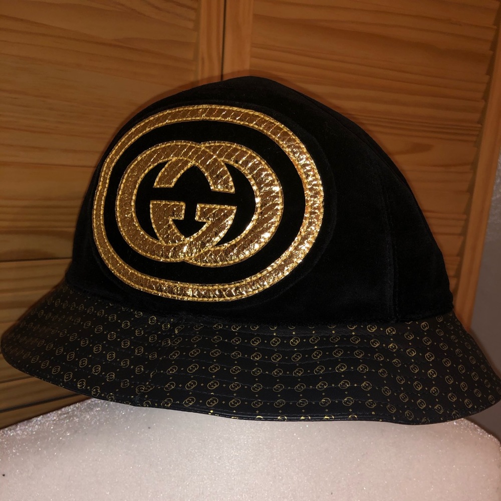 Gucci Black and Gold Velvet Logo Bucket Hat